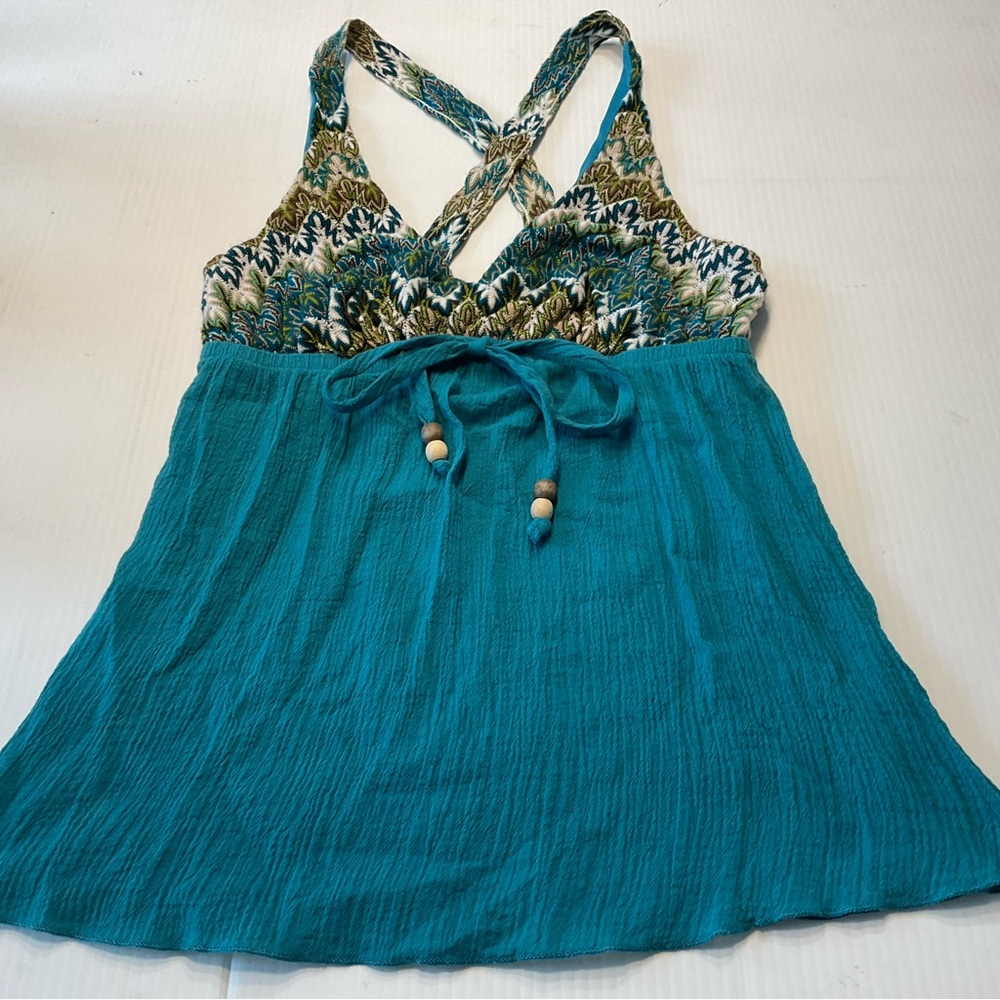 Fleurish Aqua Gauze Cotton Tank Top Y2K Boho Women Junior Sz S Crossback Straps
